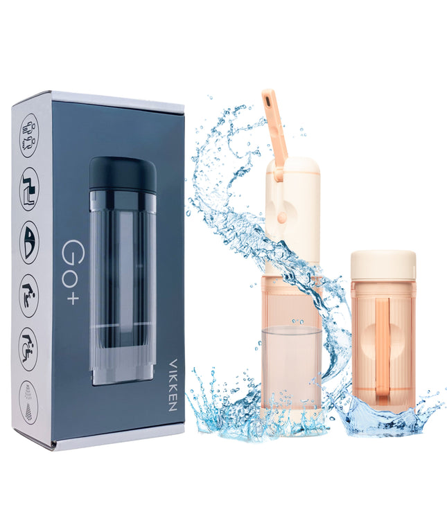 Bidet Sprayer Product in Pink. Two versions of the product, one with the container attached and the other with the bidet inside the container. 